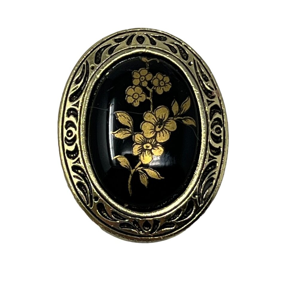 Vintage Scarf Clip Black Gold Flowers‎ Motif  Gold Tone Pin Signed W Germany